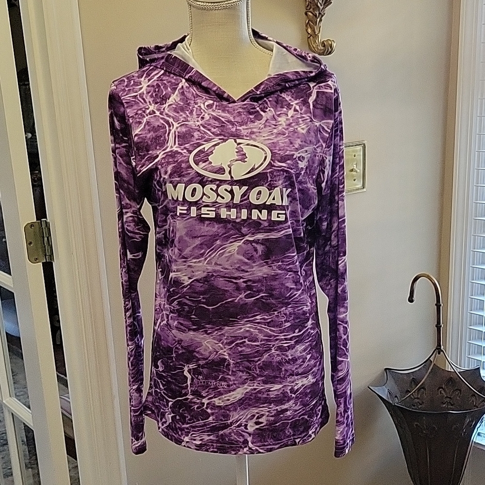 MOSSY OAK FISHING Purple & White long sleeve hoodie Polyester Large Excellent